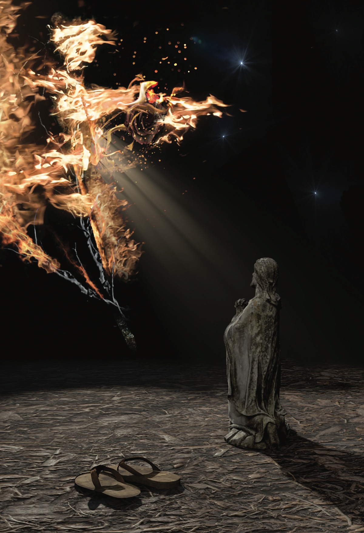 A figure before the burning bush, with shoes removed